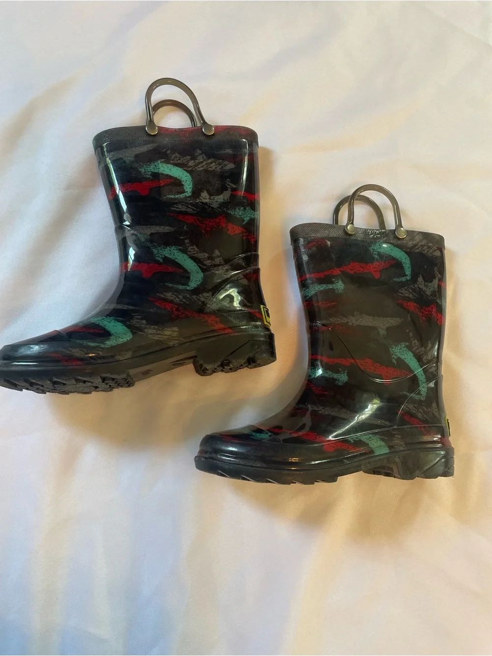 Western Chief Kids Black Lighted Rain Boots w/Teal & Red Brushstroke Print Sz 12